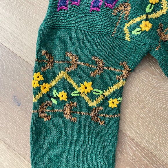 Vintage 90s Cabin Fever Sweater Women Large Hand Knitted Green Flowers Grandma - Picture 14 of 16